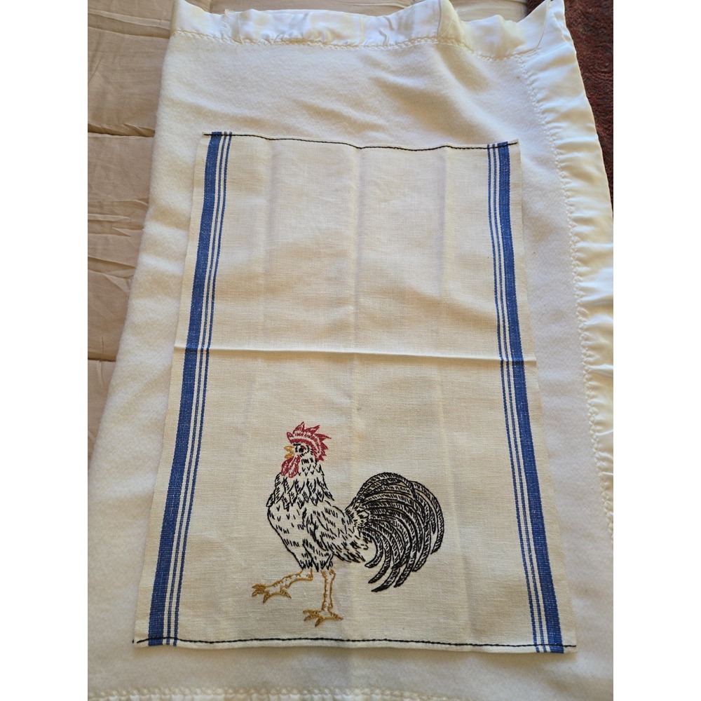 Hand Embroidered Tea Towel Rooster French Blue Stripes Very Good Condition